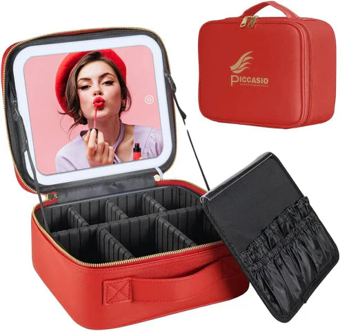 LED Makeup Bag with Mirror & Adjustable Dividers – Portable Cosmetic Organizer Case