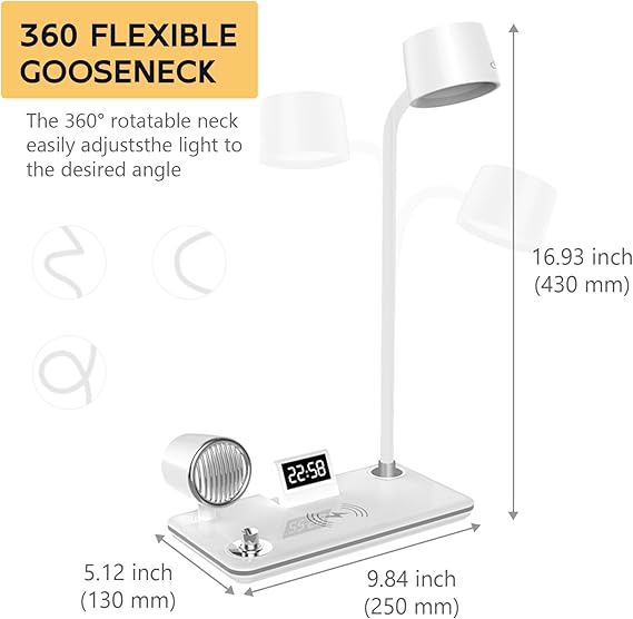 Multifunctional Desk Lamp with Clock, Wireless Charger & Adjustable Gooseneck