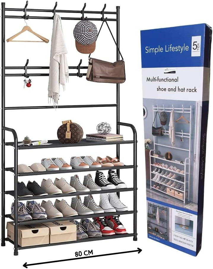 • Modern Design: Sleek and elegant 5-tier shoe and hat rack with hanging hooks  – PicknPro UAE for a clean and organized