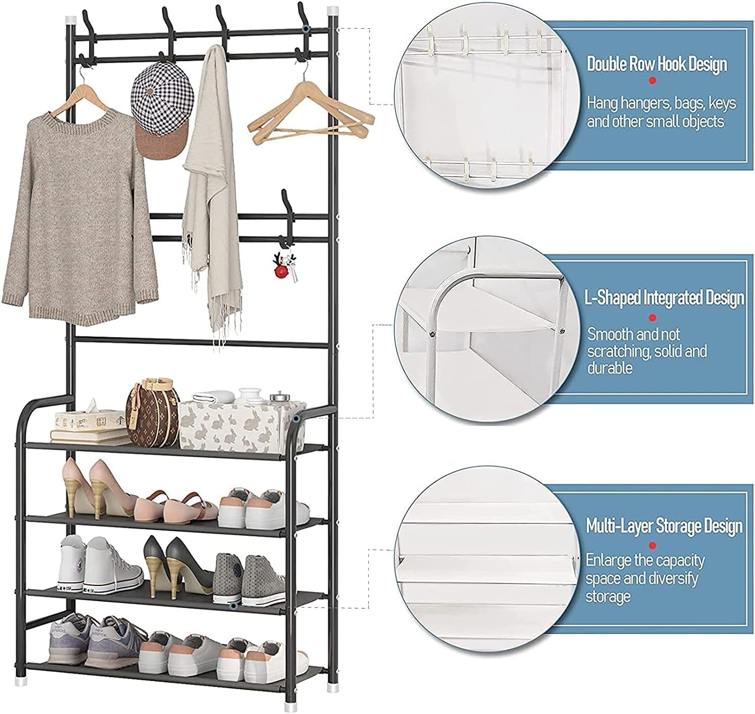 • Modern Design: Sleek and elegant 5-tier shoe and hat rack with hanging hooks  – PicknPro UAE for a clean and organized
