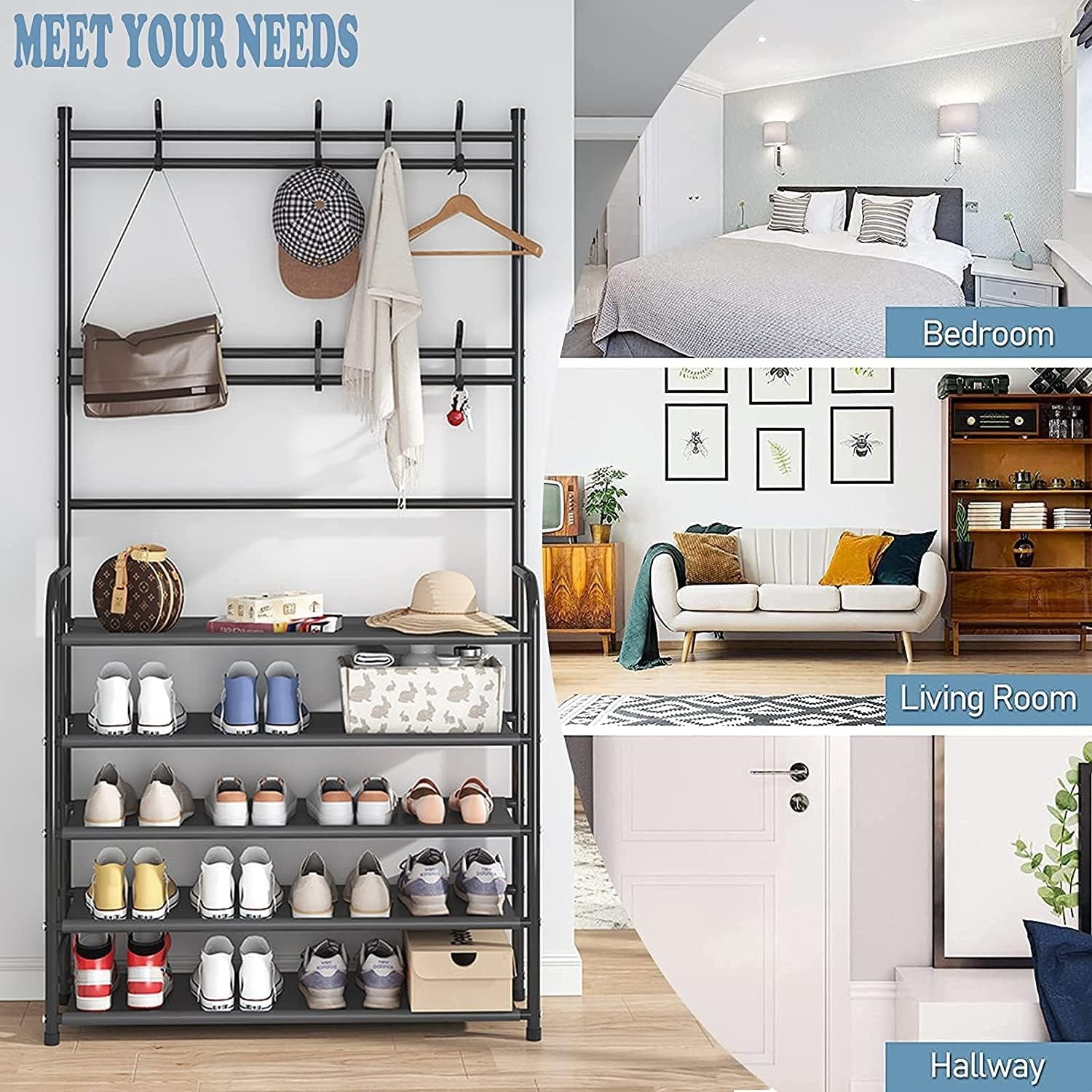 • Modern Design: Sleek and elegant 5-tier shoe and hat rack with hanging hooks  – PicknPro UAE for a clean and organized