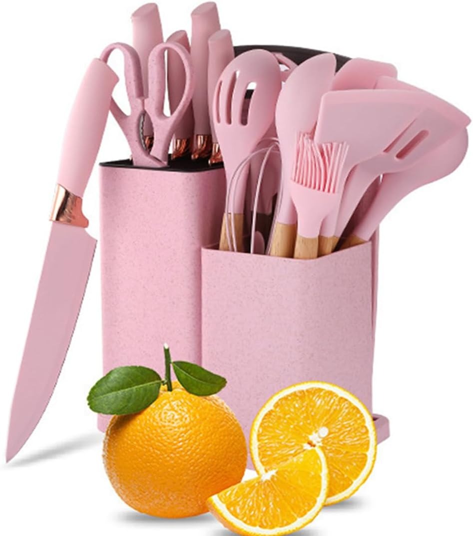 Pink Kitchen Utensil and Knife Set – 21-Piece Non-Stick Silicone Cooking Tools with Holder & Accessories