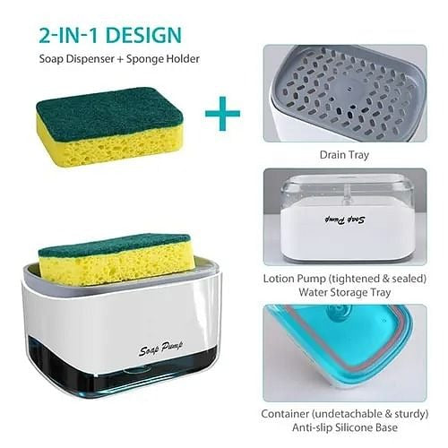 2-in-1 Soap Pump Dispenser with Sponge Holder – Compact Kitchen Sink Organizer for Quick Cleaning