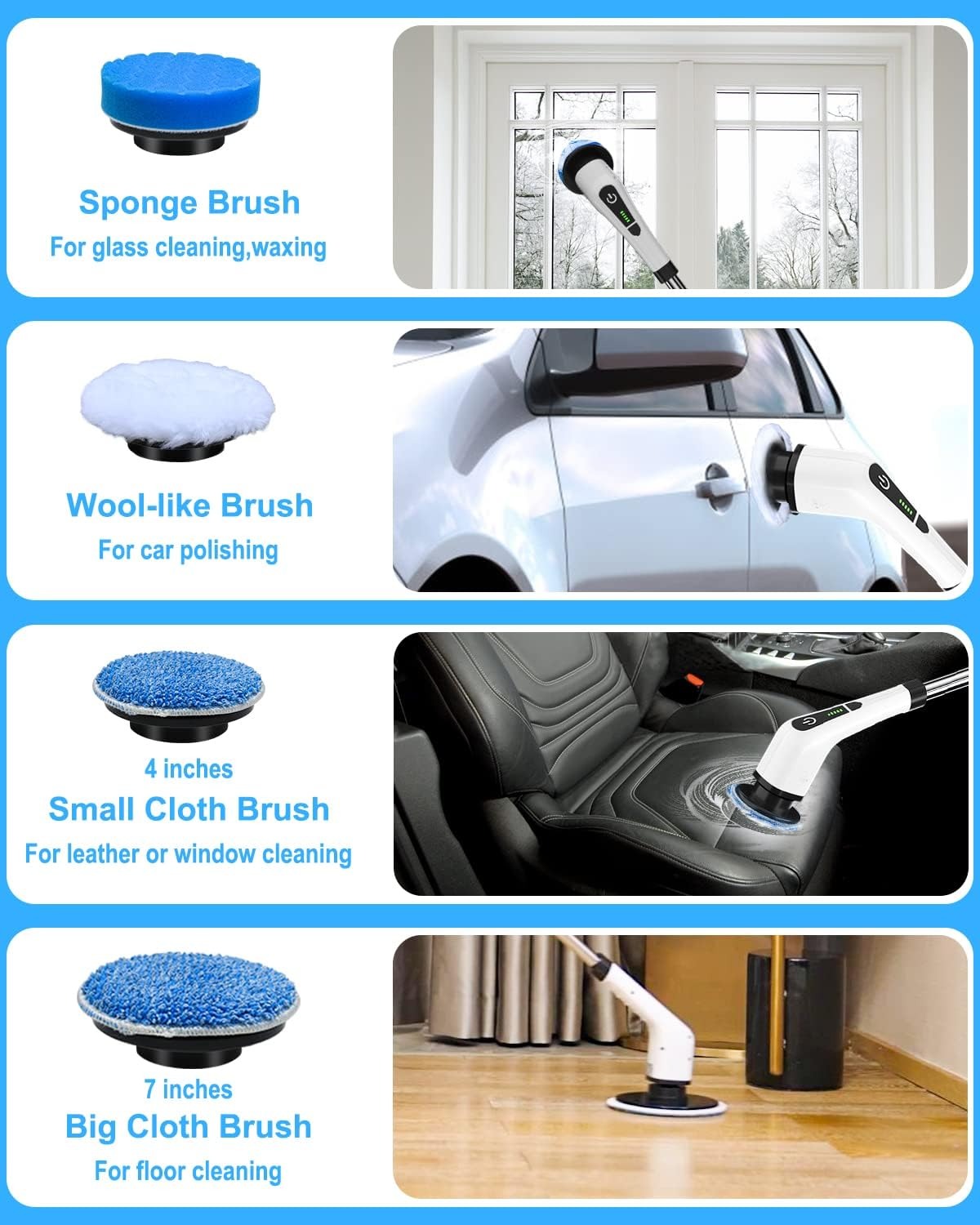 4-in-1 Electric Cleaning Brush Set for Car, Floor, Glass & Leather Surfaces