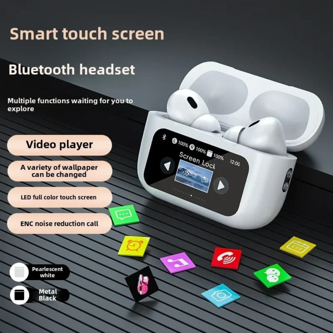 Smart Touchscreen Bluetooth Earbuds with LED Display & Video Player Case – PicknPro UAE